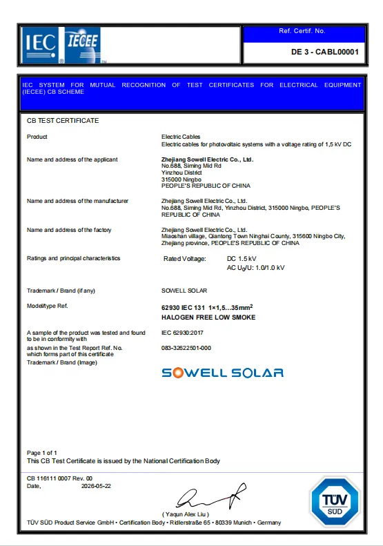 Kabel Fotovoltaik SOWELLSOLAR Nampa Pangenalan Sertifikasi TÜV SÜD IECEE-CB